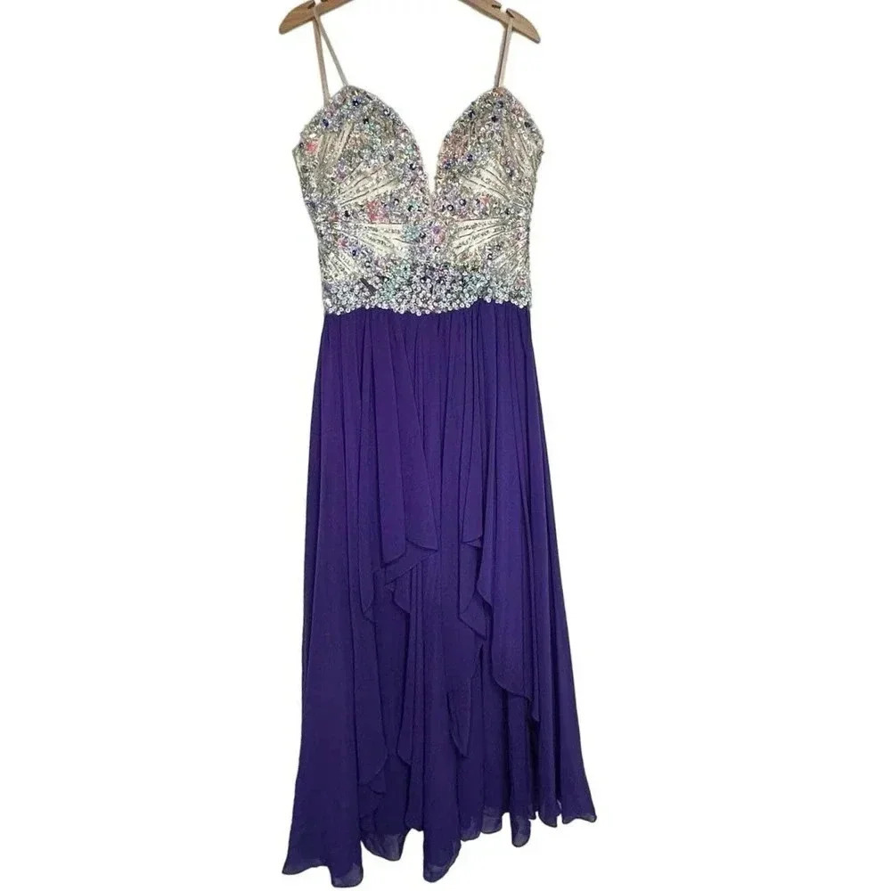 Milano Formals Evening Gown 16 Purple Silver Beaded Sequin High‎ Low Prom Dress